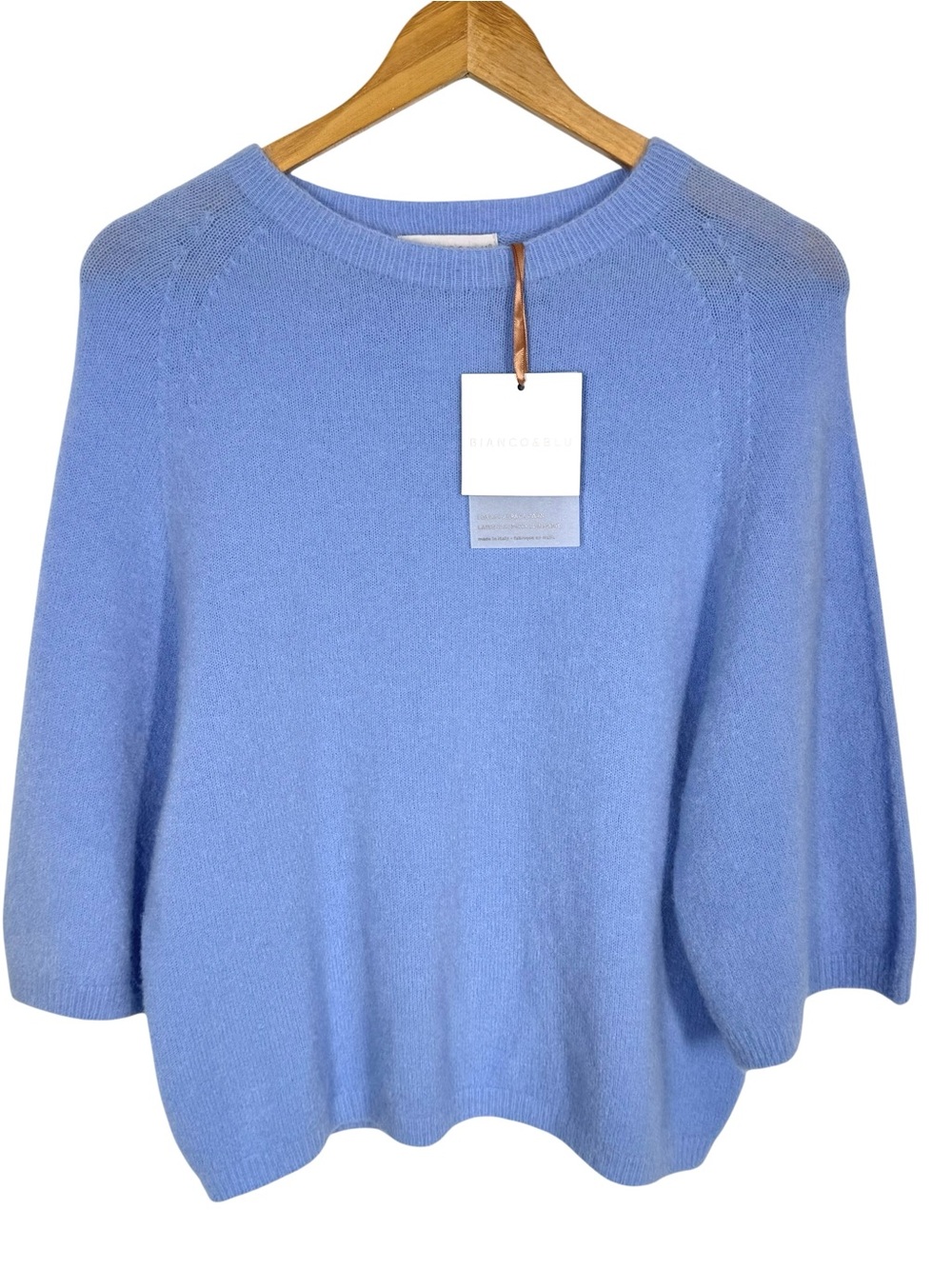 Bianco & Blue Luxury Alpaca Yarn Wool Short Sleeve Crew Neck Blue Sweater NEW M